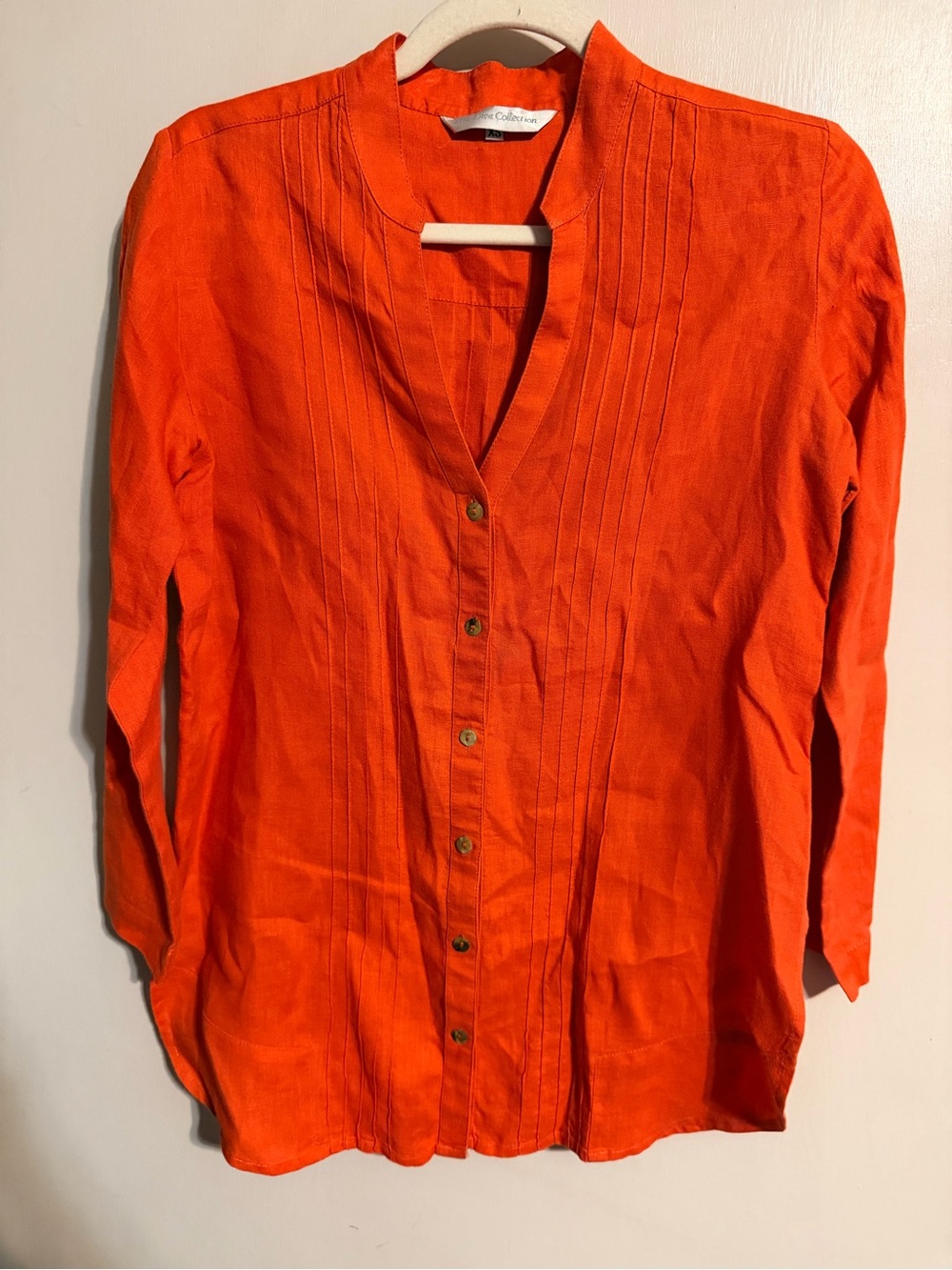 The Diva Collection Orange Pintuck Button Front Blouse XS Linen Look 3/4 Sleeve - Picture 2 of 12